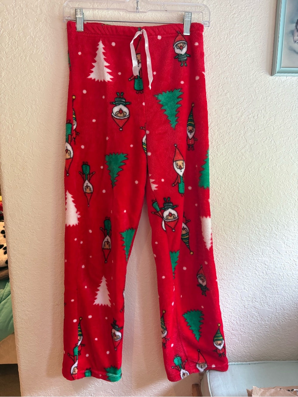 Red Holiday Pajama Pants with Tree & Elf Print